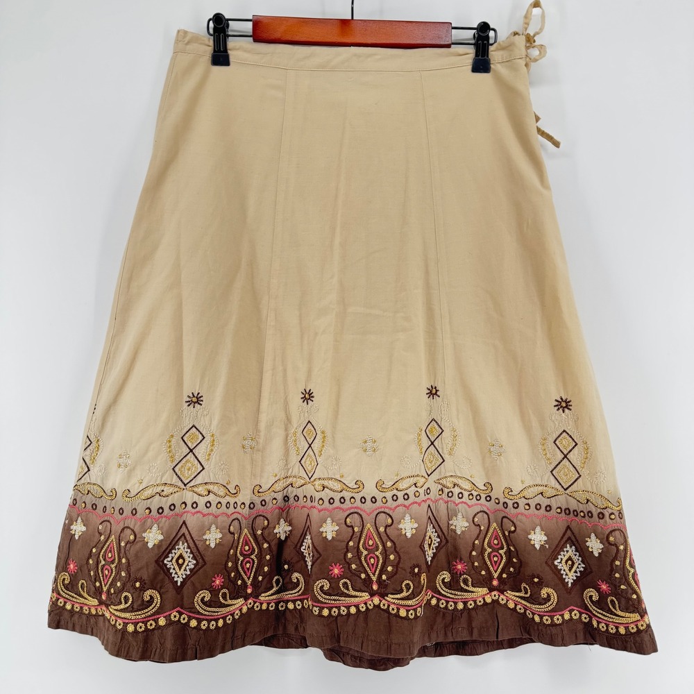 prAna Women's Embroidered A-Line Midi Skirt Tan‎ Brown Size 6
